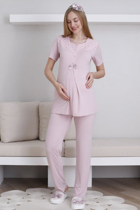 Vintage Lace 3-Piece Maternity-Nursing Pajama & Robe Set Powder - 3437