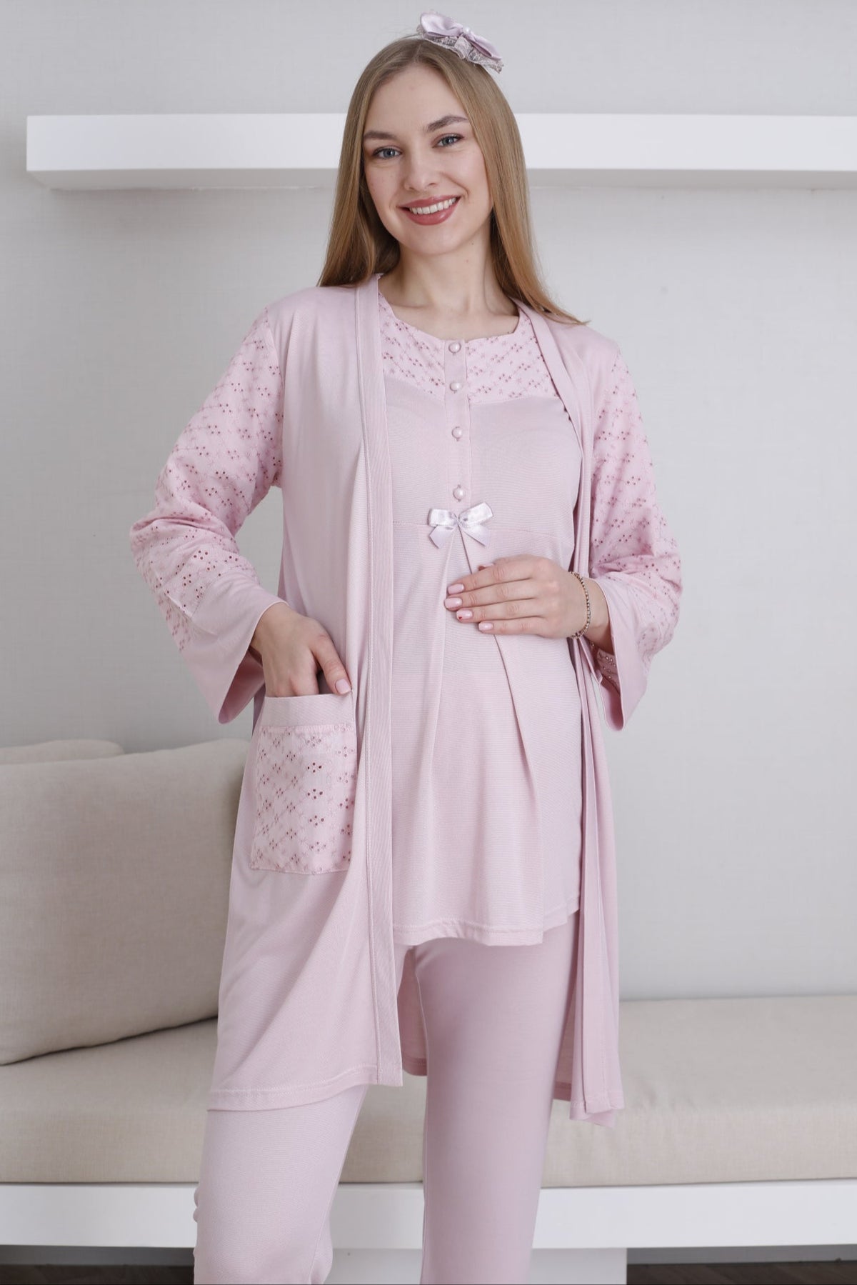 Vintage Lace 3-Piece Maternity-Nursing Pajama & Robe Set Powder - 3437
