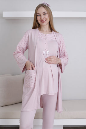 Vintage Lace 3-Piece Maternity-Nursing Pajama & Robe Set Powder - 3437