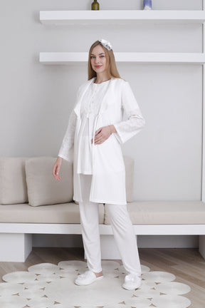 Embroidered 3-Piece Maternity-Nursing Pajama & Robe Set Ecru - 3438