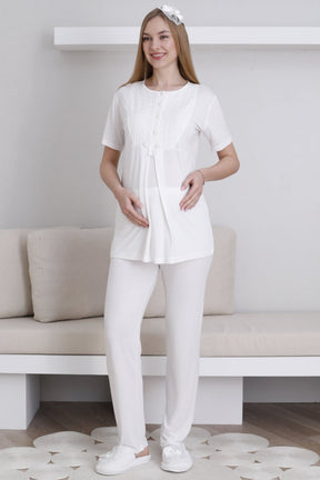 Embroidered 3-Piece Maternity-Nursing Pajama & Robe Set Ecru - 3438