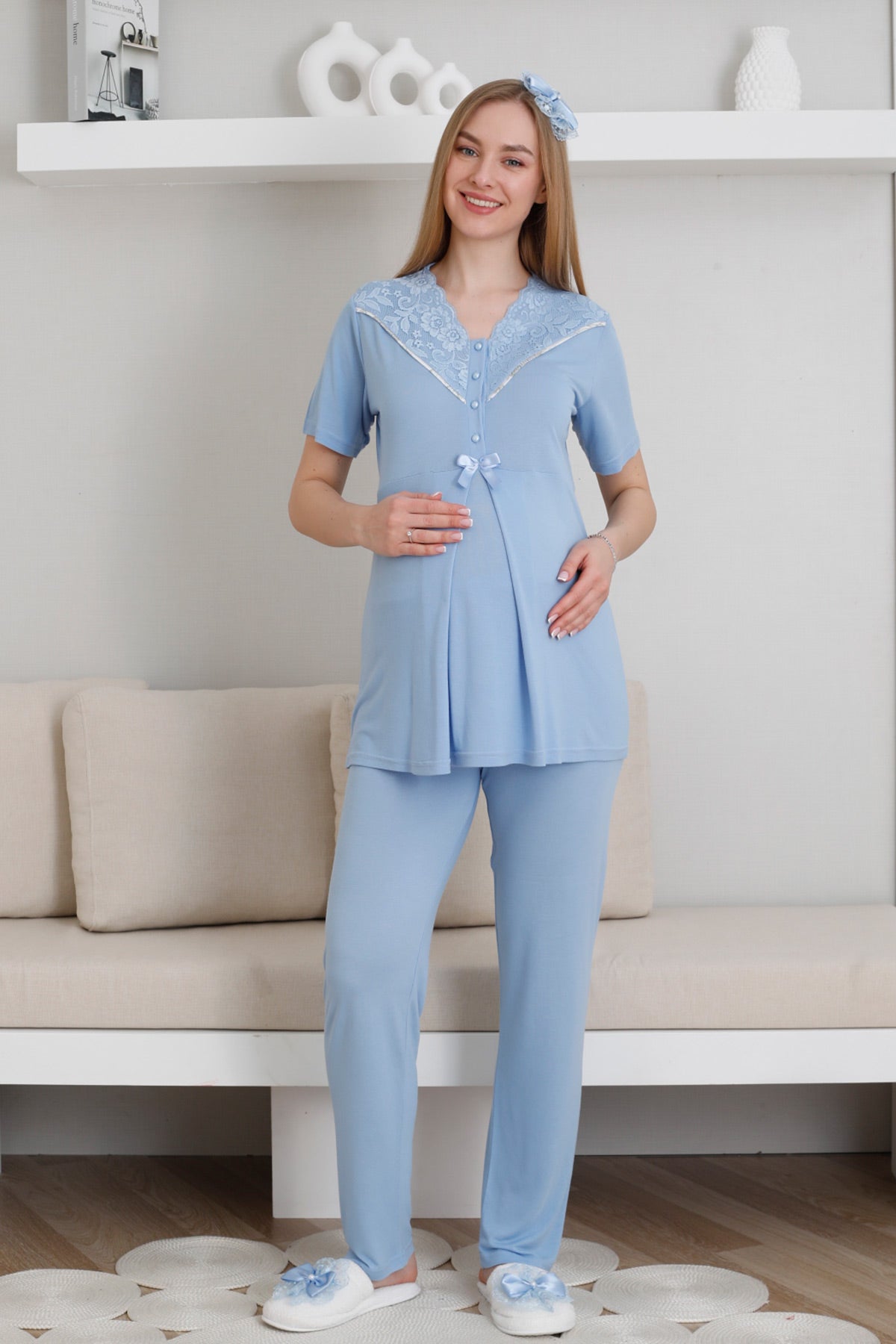 Lace Collar 3-Piece Maternity-Nursing Pajama & Patterned Robe Set Blue - 3440