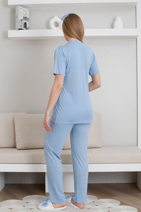 Lace Collar 3-Piece Maternity-Nursing Pajama & Patterned Robe Set Blue - 3440