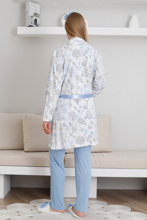 Lace Collar 3-Piece Maternity-Nursing Pajama & Patterned Robe Set Blue - 3440