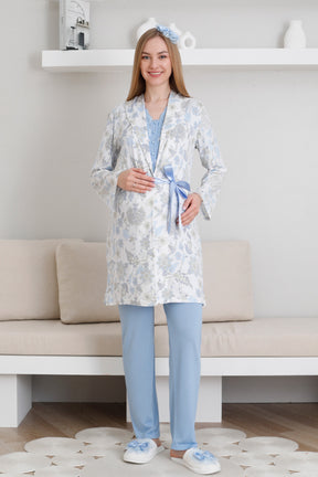 Lace Collar 3-Piece Maternity-Nursing Pajama & Patterned Robe Set Blue - 3440