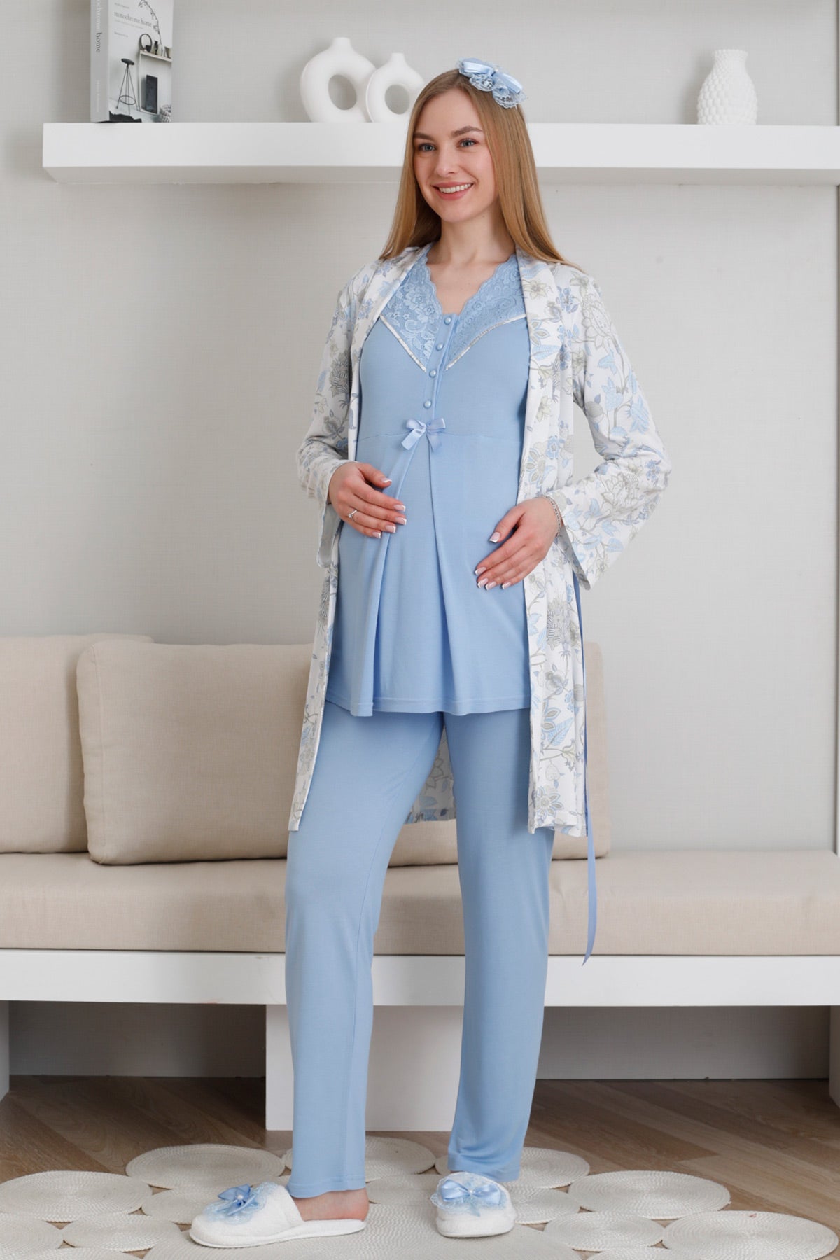 Lace Collar 3-Piece Maternity-Nursing Pajama & Patterned Robe Set Blue - 3440