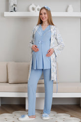 Lace Collar 3-Piece Maternity-Nursing Pajama & Patterned Robe Set Blue - 3440