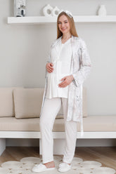 Lace Collar 3-Piece Maternity-Nursing Pajama & Patterned Robe Set Ecru - 3440
