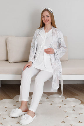 Lace Collar 3-Piece Maternity-Nursing Pajama & Patterned Robe Set Ecru - 3440