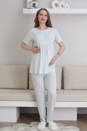 Guipure Collar 3-Piece Maternity-Nursing Pajama & Patterned Robe Set Blue - 3441