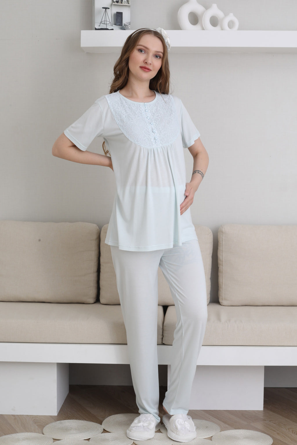 Guipure Collar 3-Piece Maternity-Nursing Pajama & Patterned Robe Set Blue - 3441