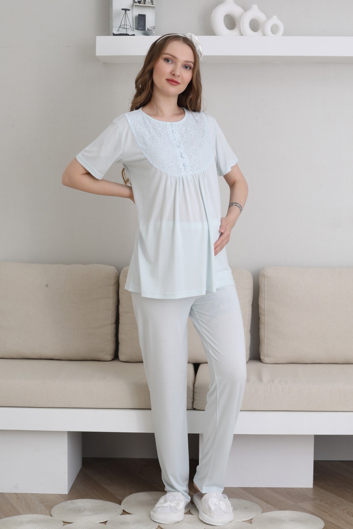 Guipure Collar 3-Piece Maternity-Nursing Pajama & Patterned Robe Set Blue - 3441