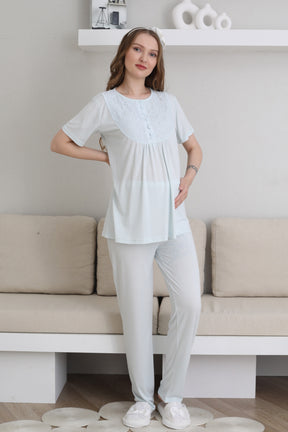Guipure Collar 3-Piece Maternity-Nursing Pajama & Patterned Robe Set Blue - 3441