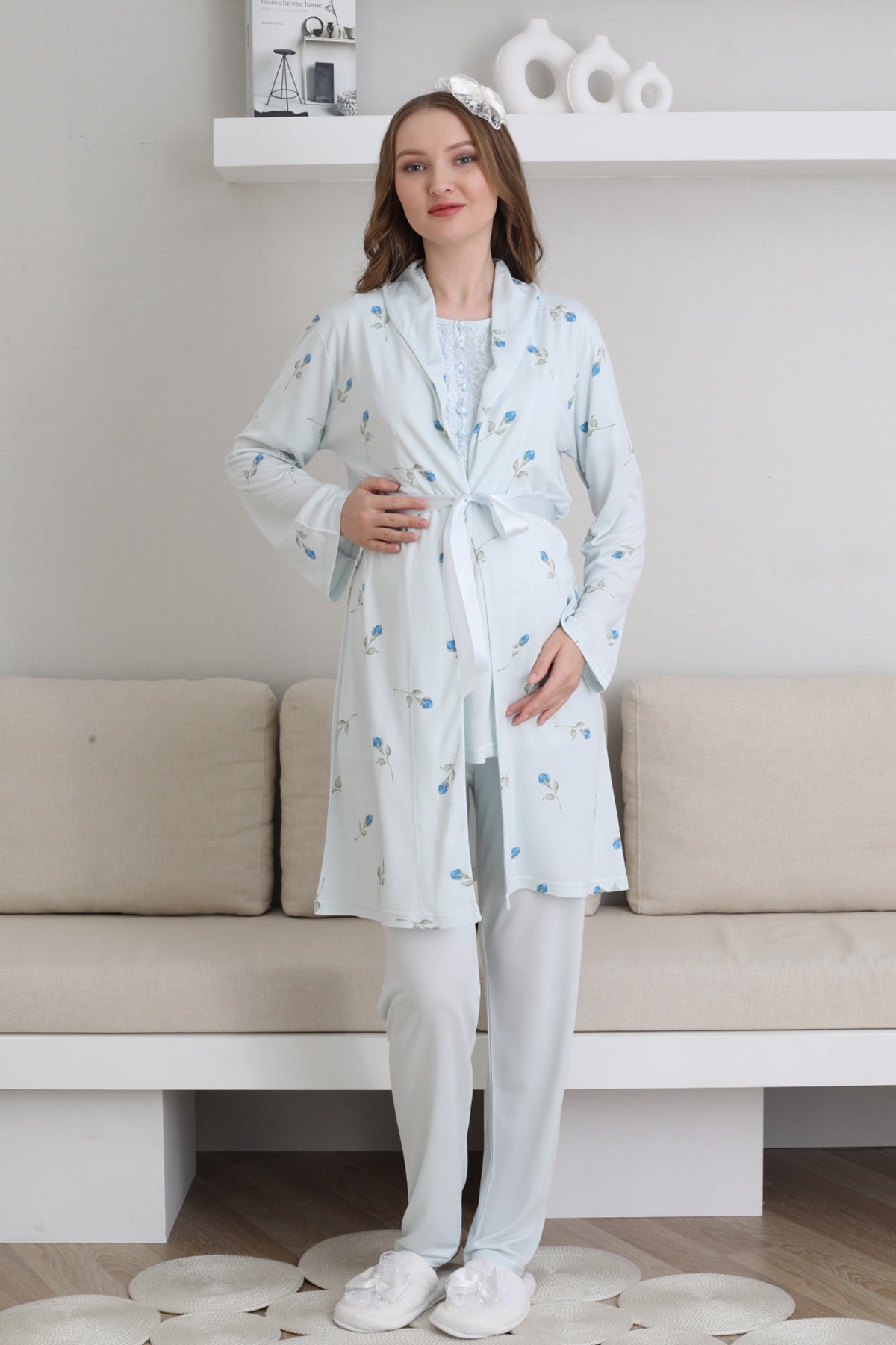 Guipure Collar 3-Piece Maternity-Nursing Pajama & Patterned Robe Set Blue - 3441