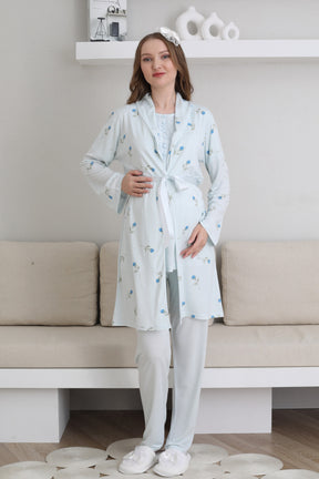 Guipure Collar 3-Piece Maternity-Nursing Pajama & Patterned Robe Set Blue - 3441