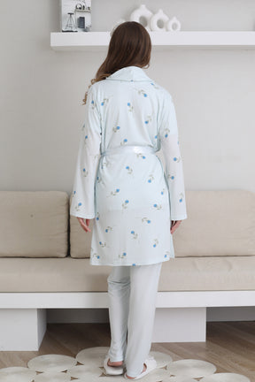 Guipure Collar 3-Piece Maternity-Nursing Pajama & Patterned Robe Set Blue - 3441