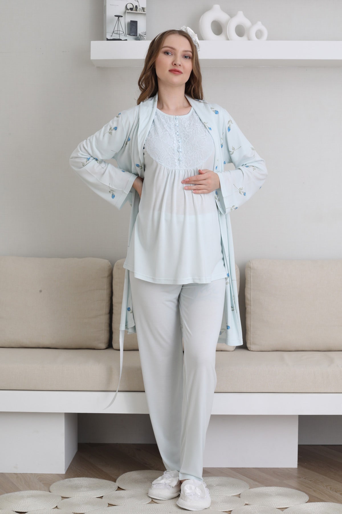 Guipure Collar 3-Piece Maternity-Nursing Pajama & Patterned Robe Set Blue - 3441
