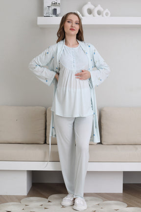 Guipure Collar 3-Piece Maternity-Nursing Pajama & Patterned Robe Set Blue - 3441