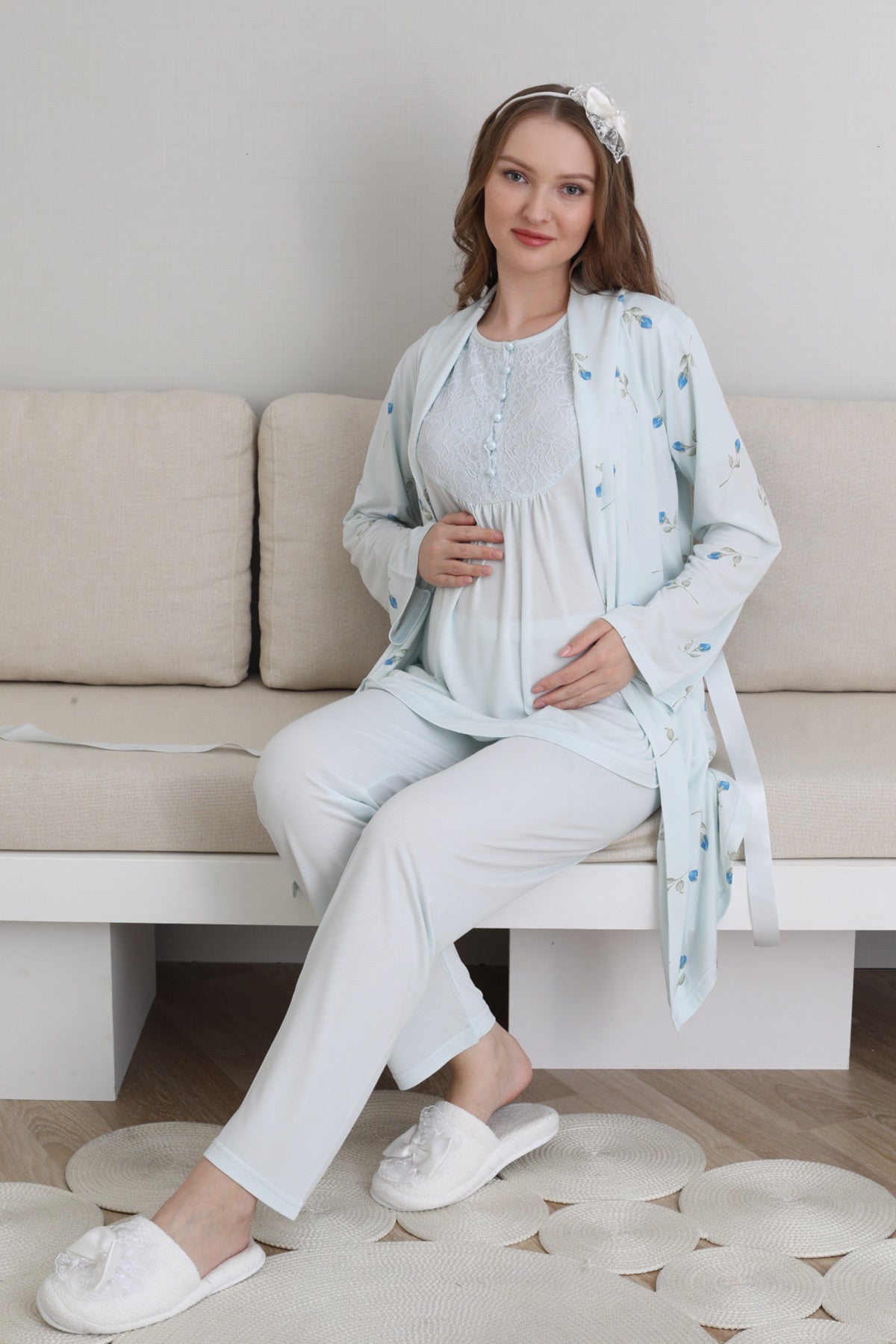 Guipure Collar 3-Piece Maternity-Nursing Pajama & Patterned Robe Set Blue - 3441