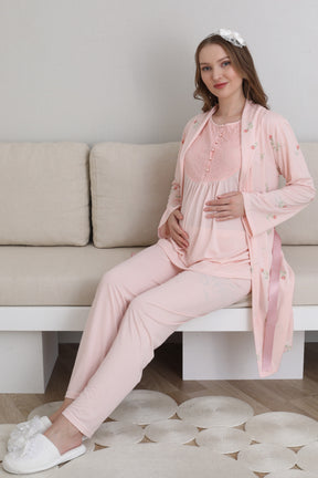 Guipure Collar 3-Piece Maternity-Nursing Pajama & Patterned Robe Set Salmon - 3441