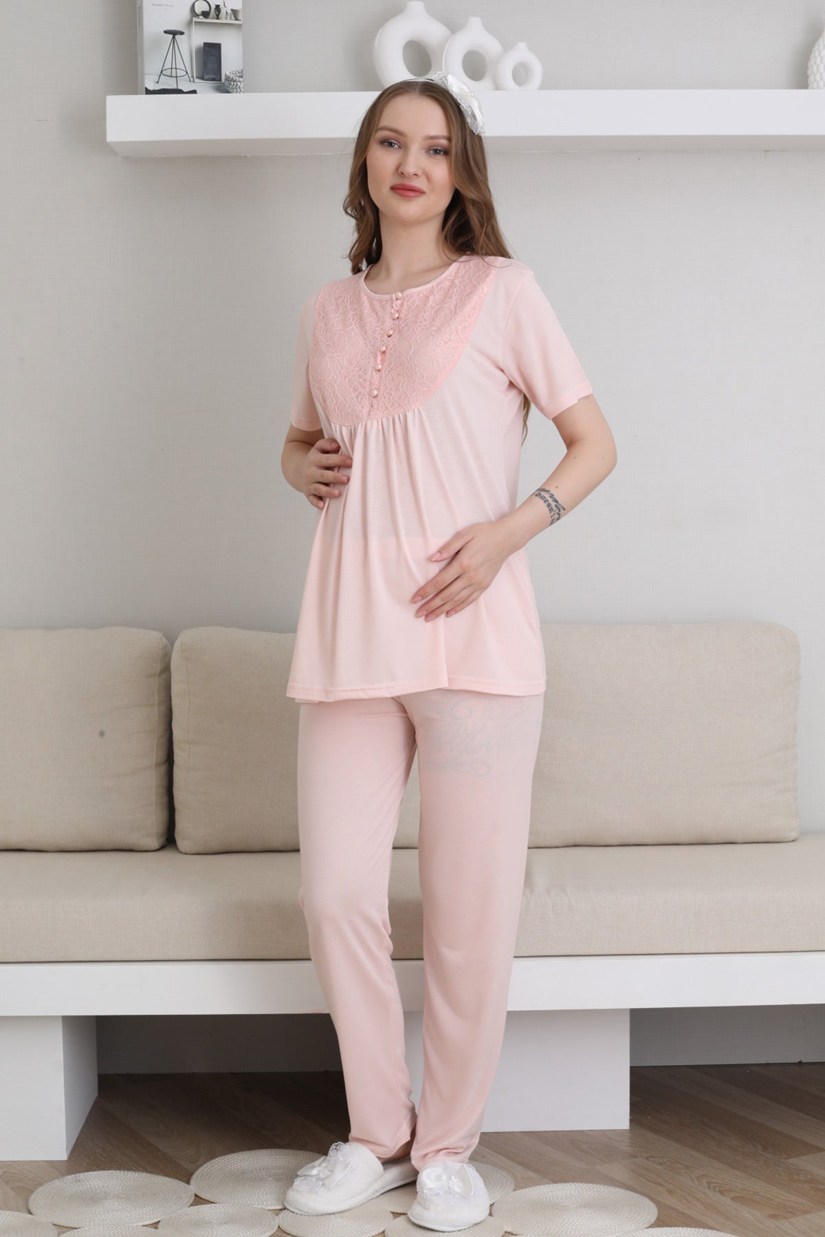 Guipure Collar 3-Piece Maternity-Nursing Pajama & Patterned Robe Set Salmon - 3441