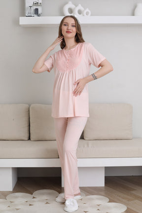Guipure Collar 3-Piece Maternity-Nursing Pajama & Patterned Robe Set Salmon - 3441