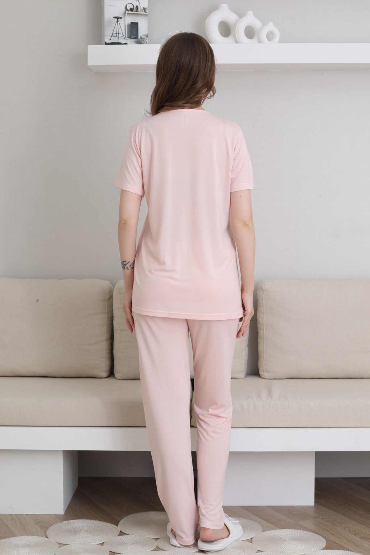 Guipure Collar 3-Piece Maternity-Nursing Pajama & Patterned Robe Set Salmon - 3441