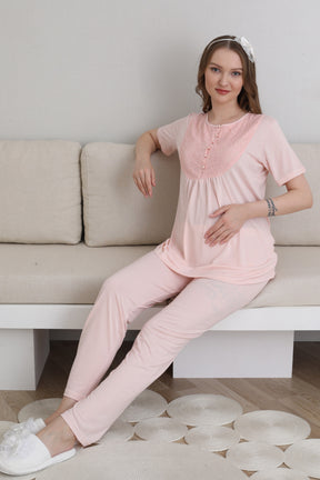 Guipure Collar 3-Piece Maternity-Nursing Pajama & Patterned Robe Set Salmon - 3441