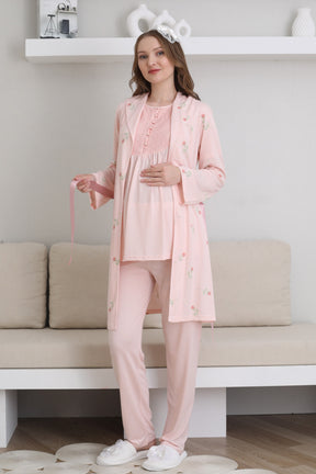 Guipure Collar 3-Piece Maternity-Nursing Pajama & Patterned Robe Set Salmon - 3441