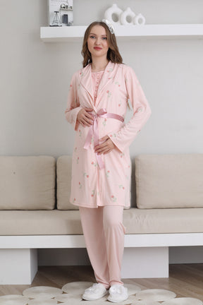 Guipure Collar 3-Piece Maternity-Nursing Pajama & Patterned Robe Set Salmon - 3441