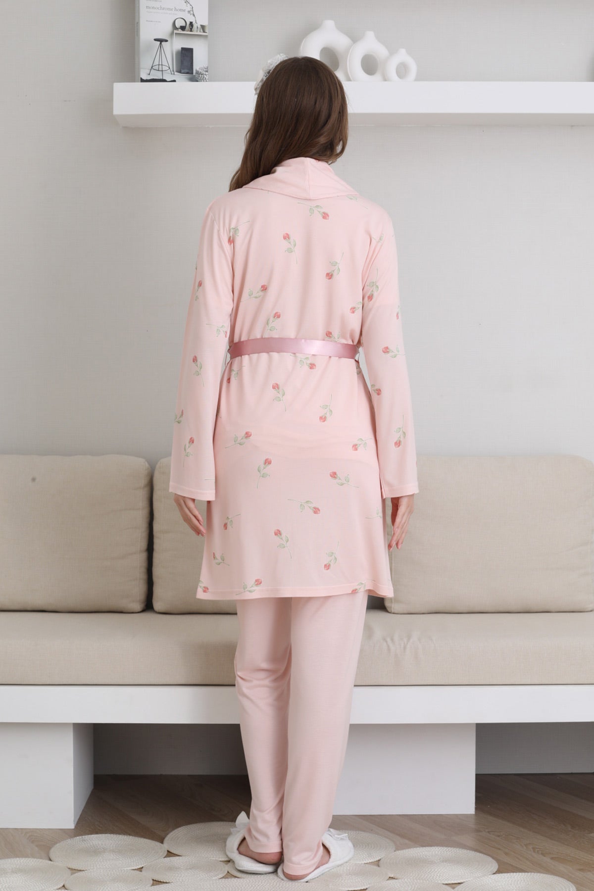 Guipure Collar 3-Piece Maternity-Nursing Pajama & Patterned Robe Set Salmon - 3441