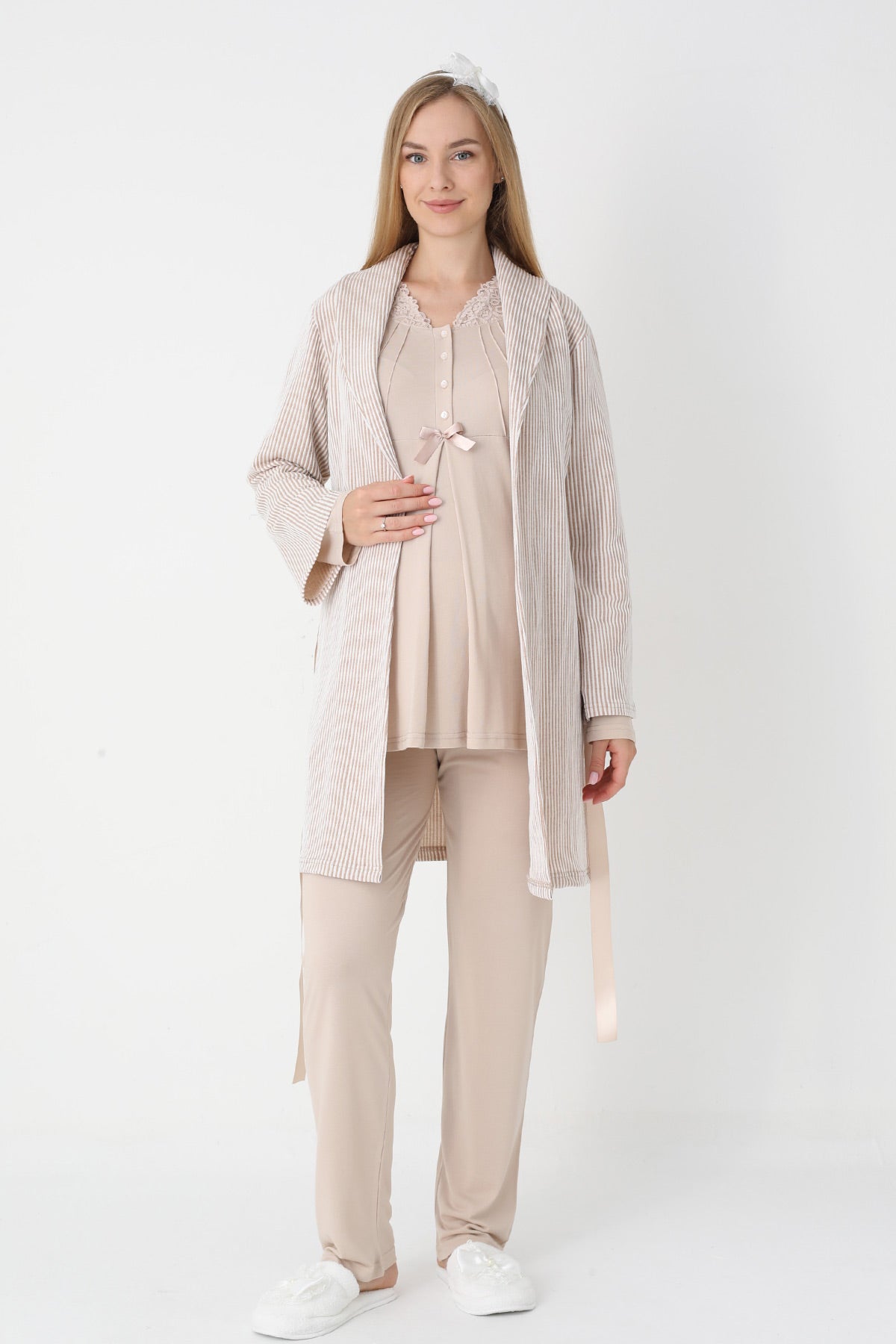 Lace Collar 3-Piece Maternity-Nursing Pajama & Striped Robe Set Mink - 3442