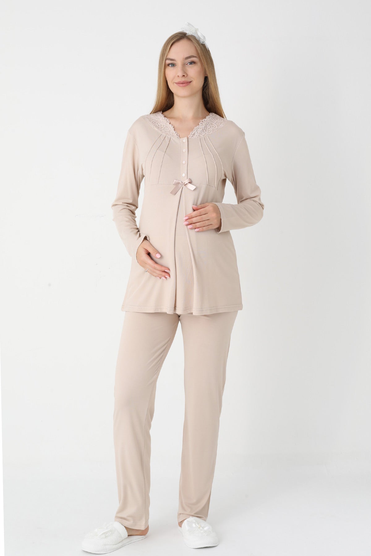 Lace Collar 3-Piece Maternity-Nursing Pajama & Striped Robe Set Mink - 3442