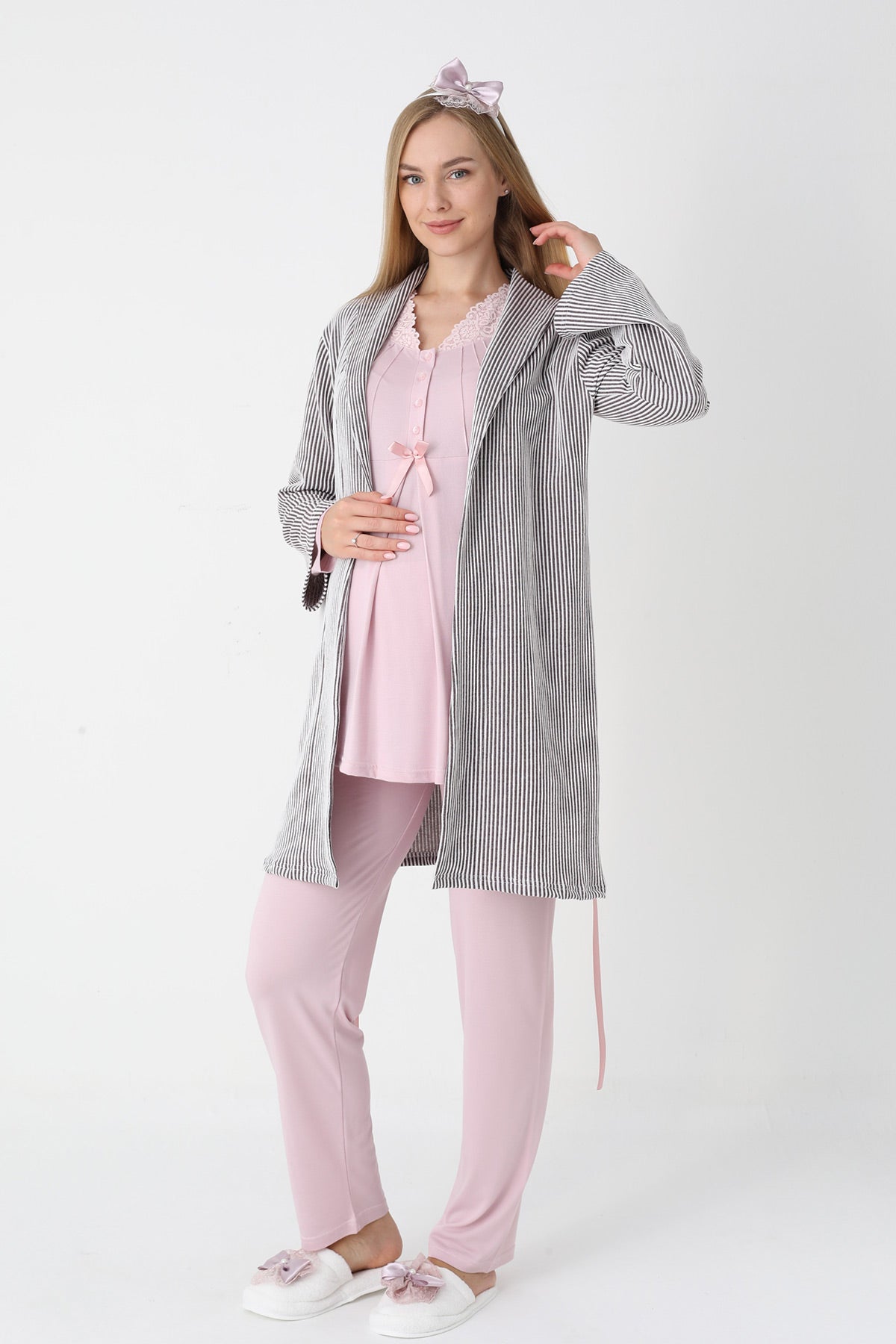 Lace Collar 3-Piece Maternity-Nursing Pajama & Striped Robe Set Powder - 3442