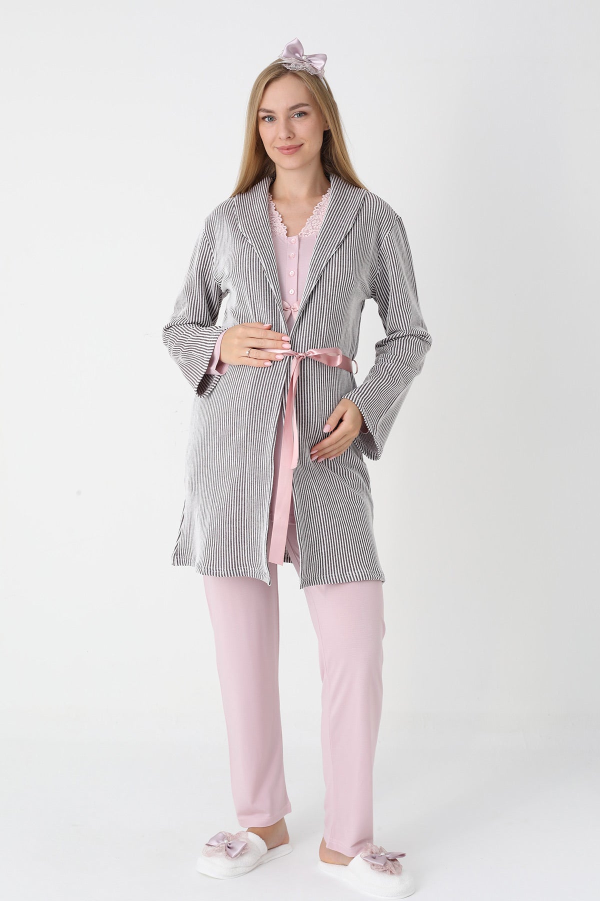 Lace Collar 3-Piece Maternity-Nursing Pajama & Striped Robe Set Powder - 3442