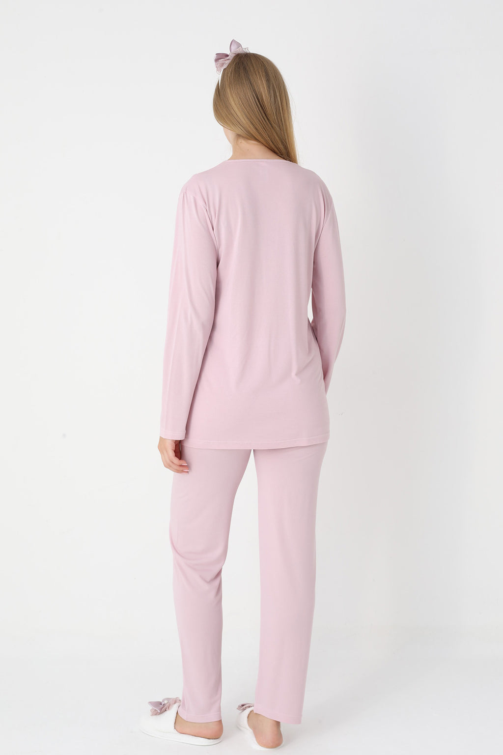 Lace Collar 3-Piece Maternity-Nursing Pajama & Striped Robe Set Powder - 3442