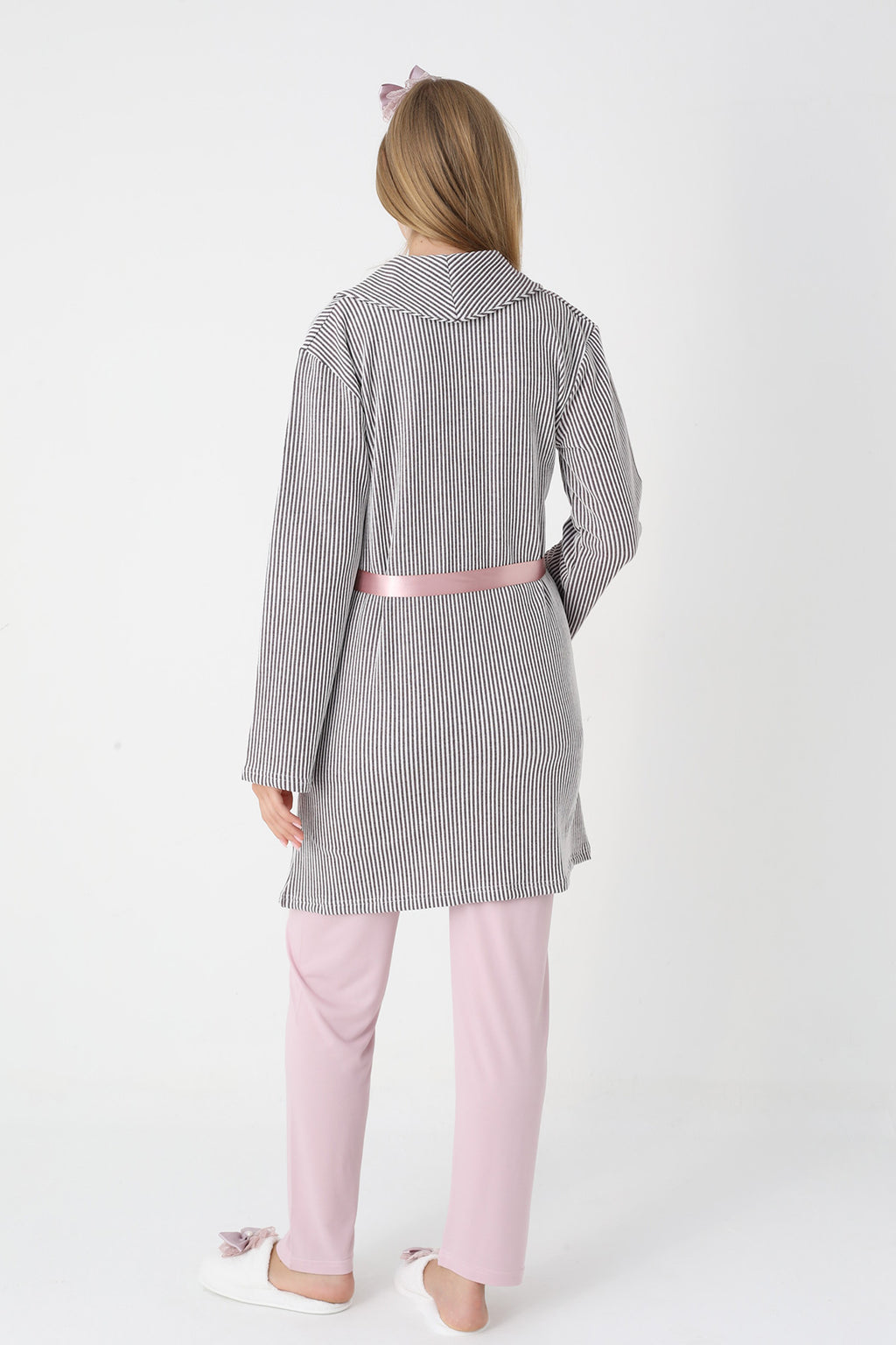 Lace Collar 3-Piece Maternity-Nursing Pajama & Striped Robe Set Powder - 3442