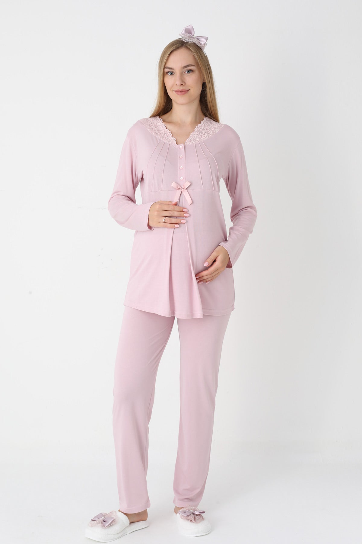 Lace Collar 3-Piece Maternity-Nursing Pajama & Striped Robe Set Powder - 3442