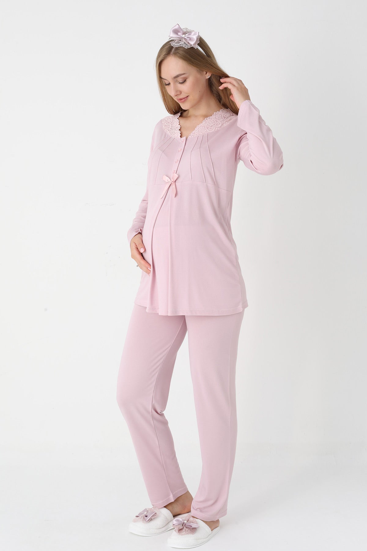 Lace Collar 3-Piece Maternity-Nursing Pajama & Striped Robe Set Powder - 3442