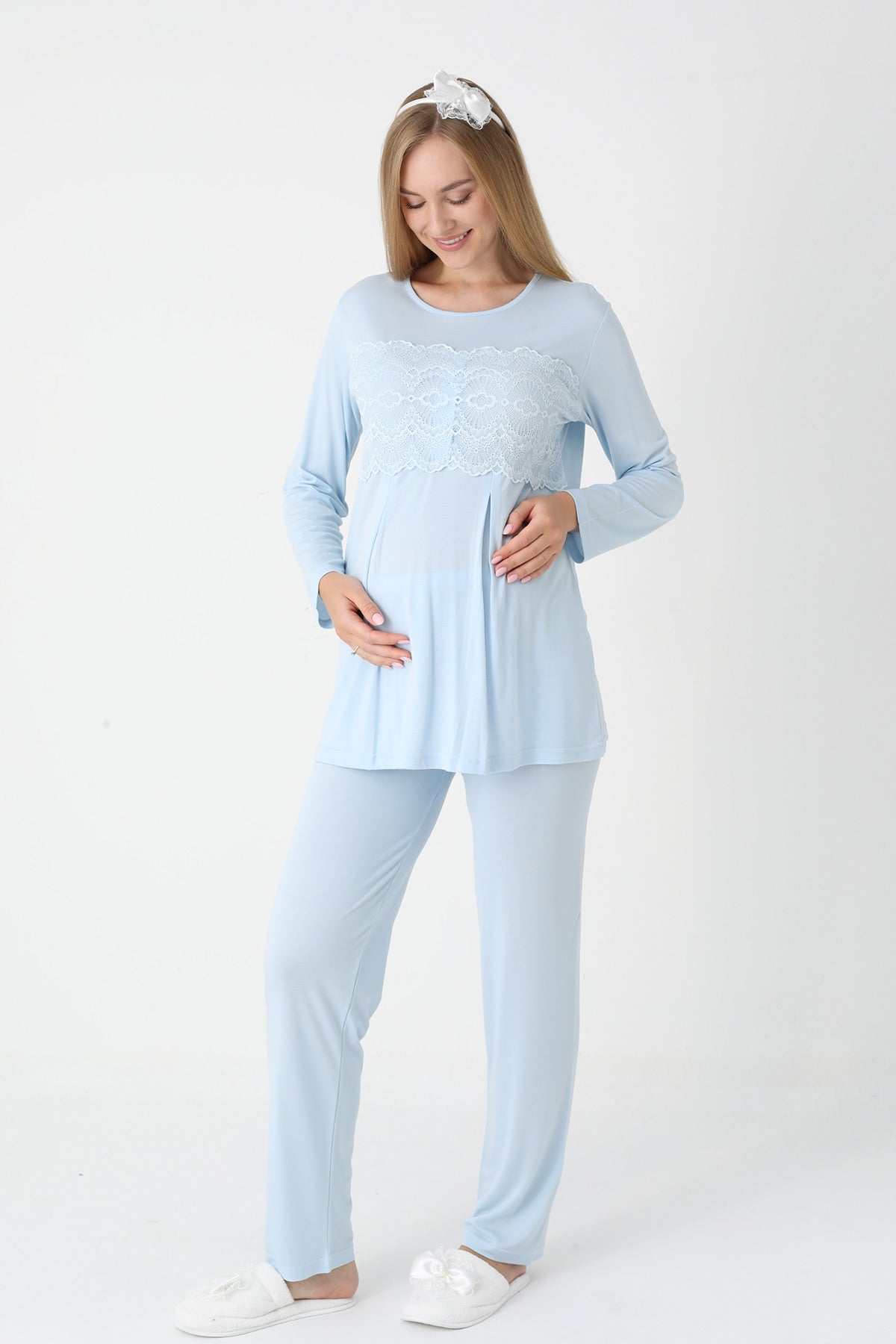 Lace Detailed 3-Piece Maternity-Nursing Pajama & Flywheel Arm Robe Set Blue - 3444