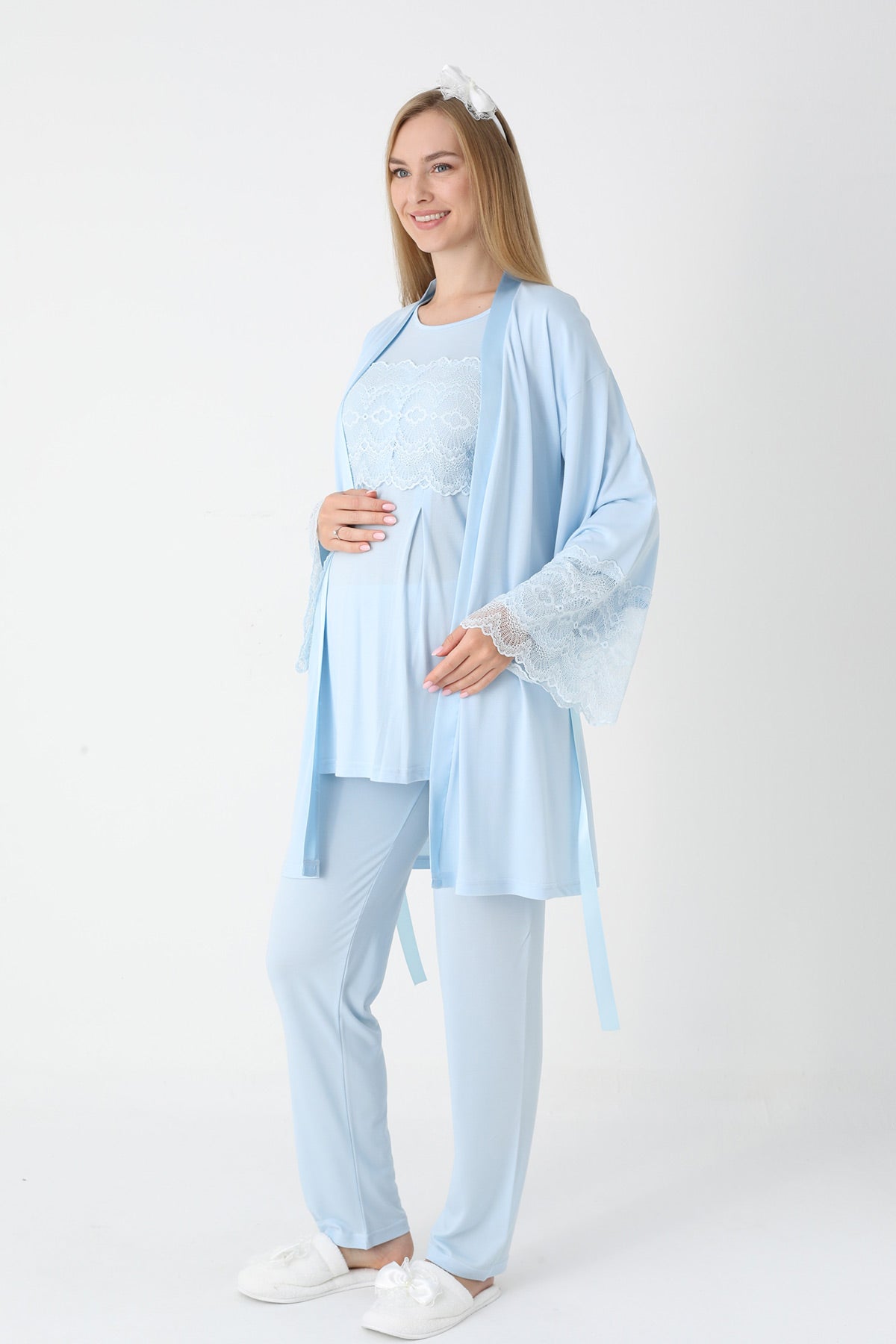 Lace Detailed 3-Piece Maternity-Nursing Pajama & Flywheel Arm Robe Set Blue - 3444