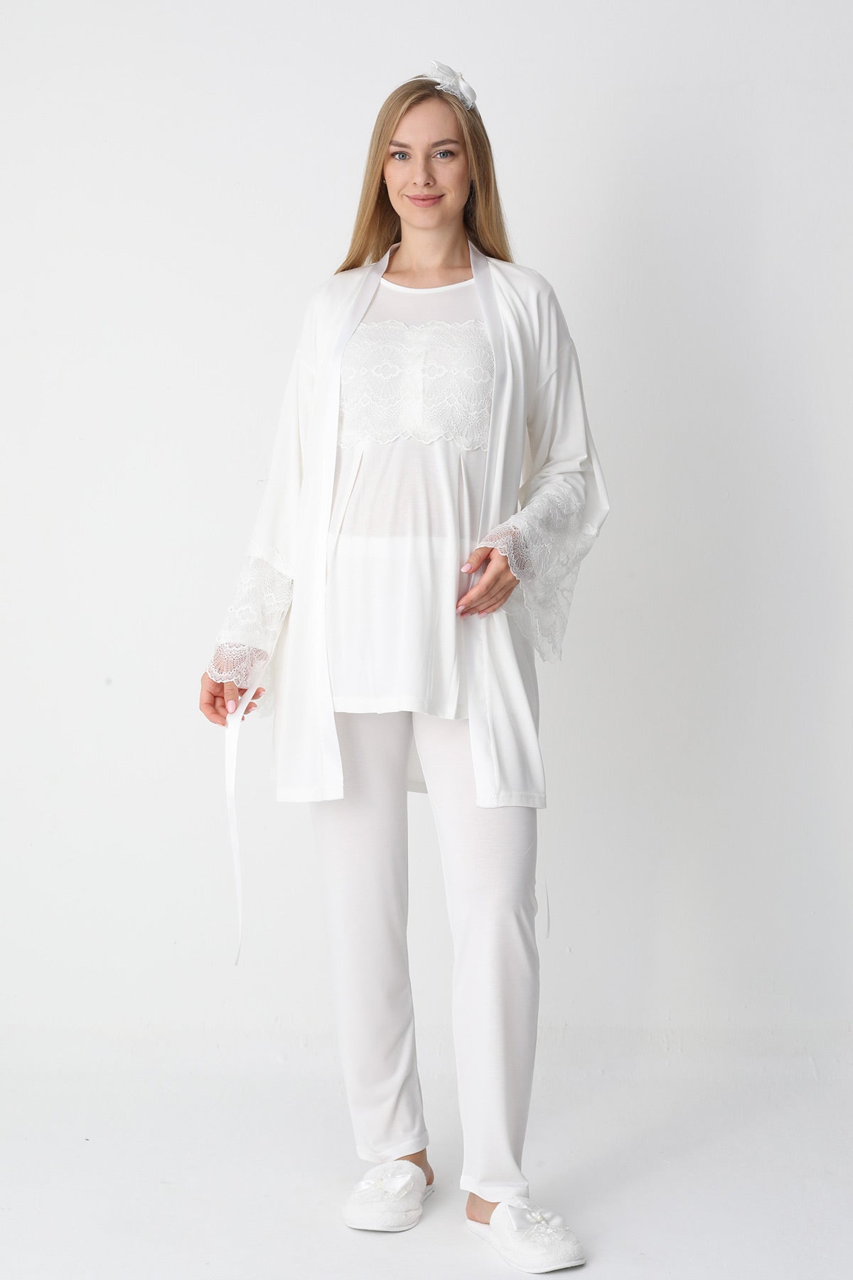 Lace Detailed 3-Piece Maternity-Nursing Pajama & Flywheel Arm Robe Set Ecru - 3444