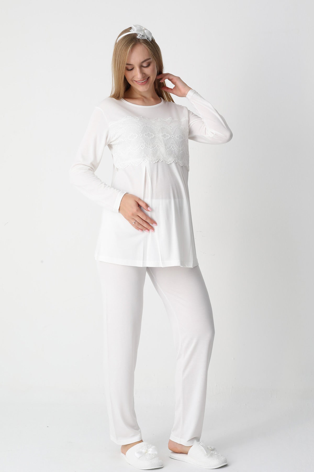Lace Detailed 3-Piece Maternity-Nursing Pajama & Flywheel Arm Robe Set Ecru - 3444