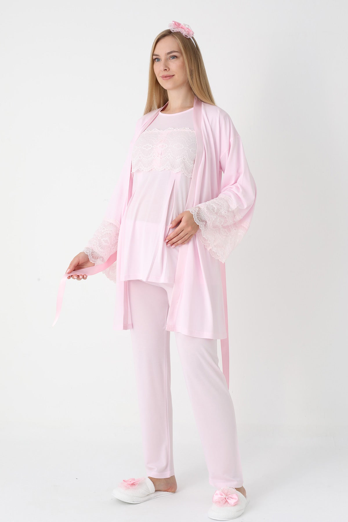 Lace Detailed 3-Piece Maternity-Nursing Pajama & Flywheel Arm Robe Set Pink - 3444