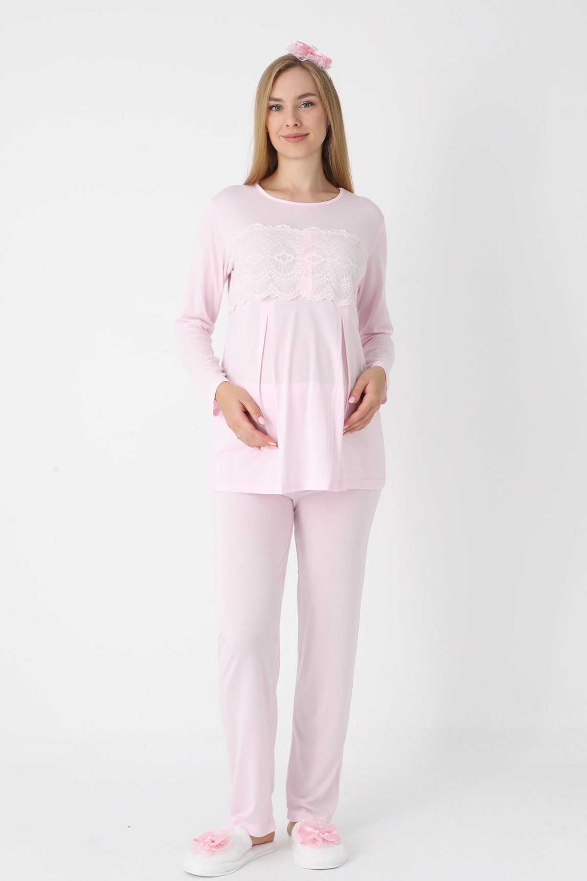 Lace Detailed 3-Piece Maternity-Nursing Pajama & Flywheel Arm Robe Set Pink - 3444