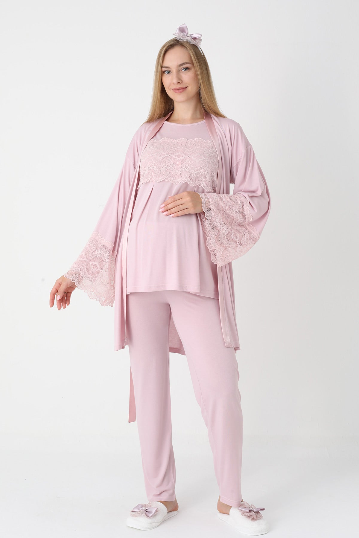 Lace Detailed 3-Piece Maternity-Nursing Pajama & Flywheel Arm Robe Set Powder - 3444