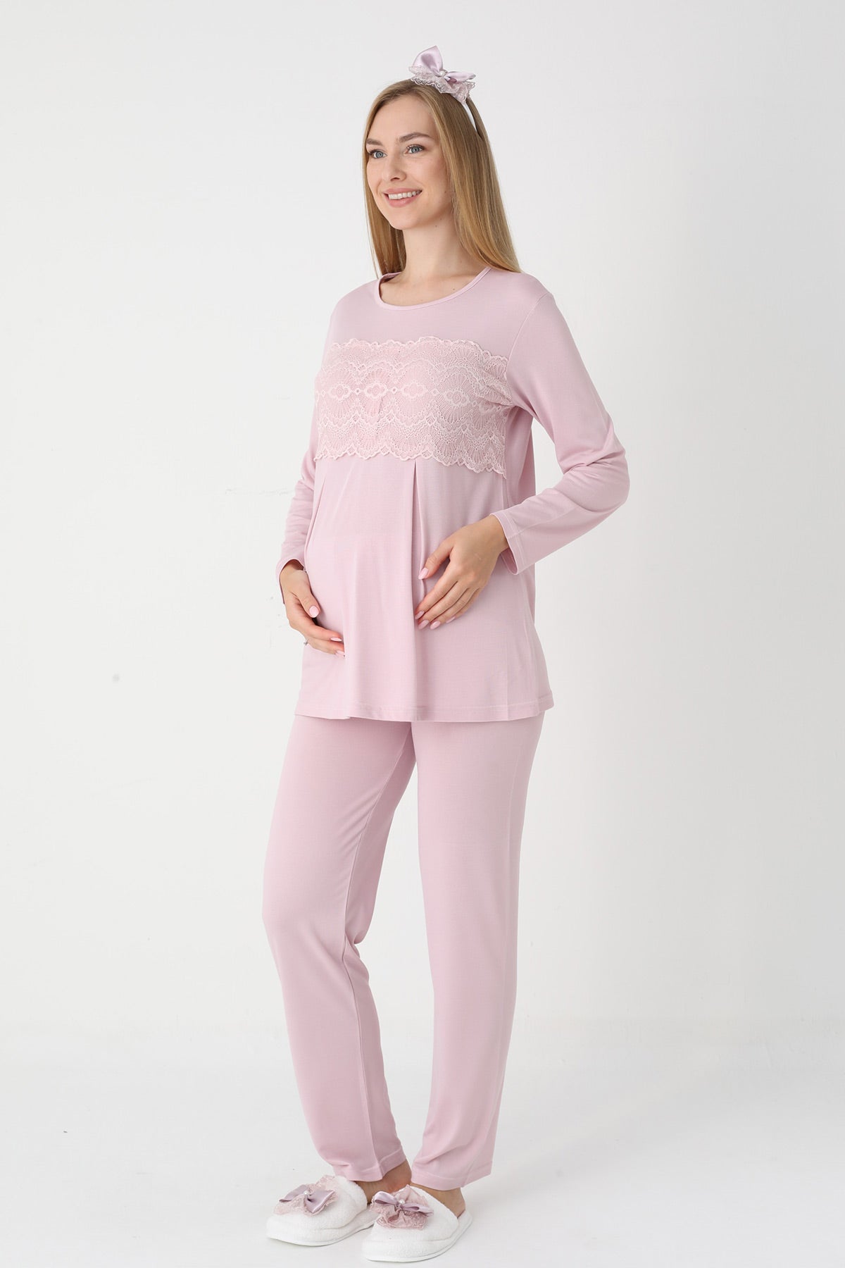 Lace Detailed 3-Piece Maternity-Nursing Pajama & Flywheel Arm Robe Set Powder - 3444