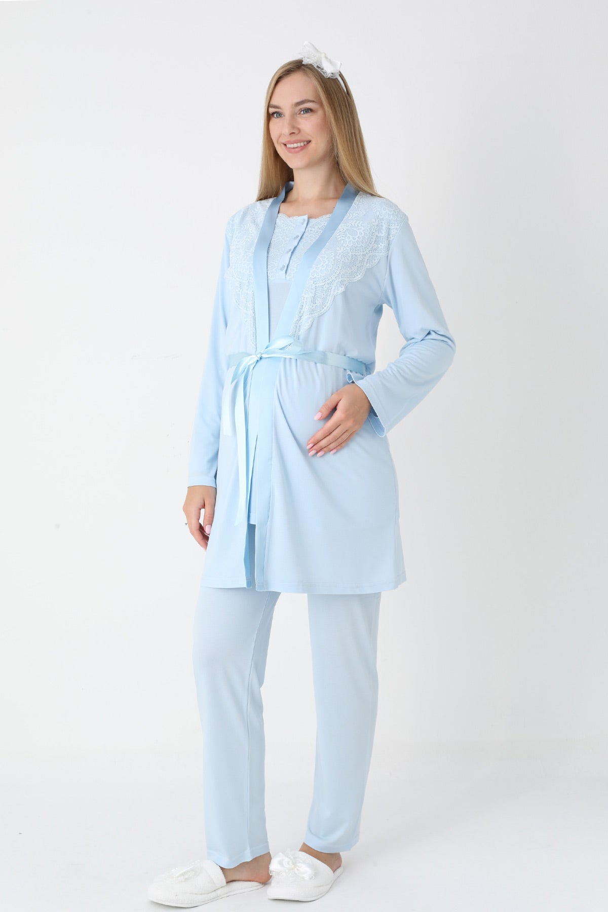 Lace Collar 3-Piece Maternity-Nursing Pajama & Robe Set Blue - 3445