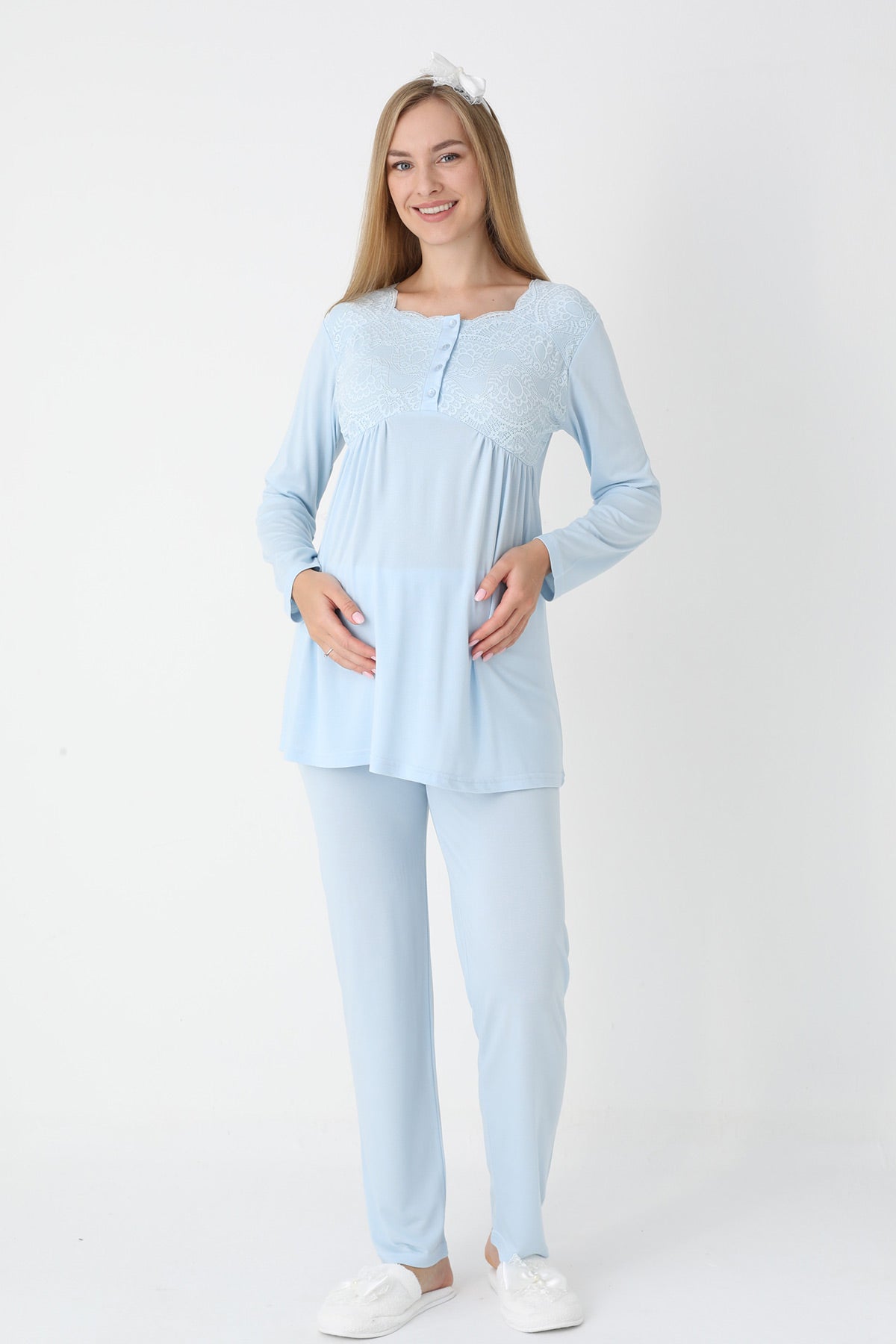 Lace Collar 3-Piece Maternity-Nursing Pajama & Robe Set Blue - 3445
