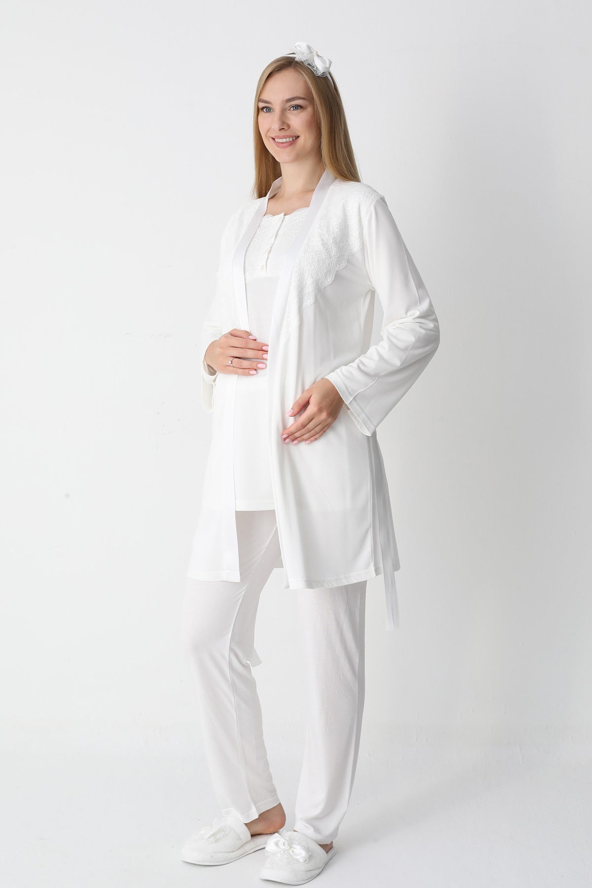 Lace Collar 3-Piece Maternity-Nursing Pajama & Robe Set Ecru - 3445